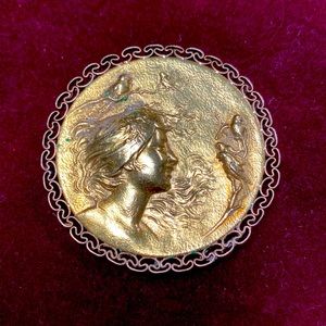 Vintage Rare Kementz Gold Filled pendant relief art nouveau lady and birds